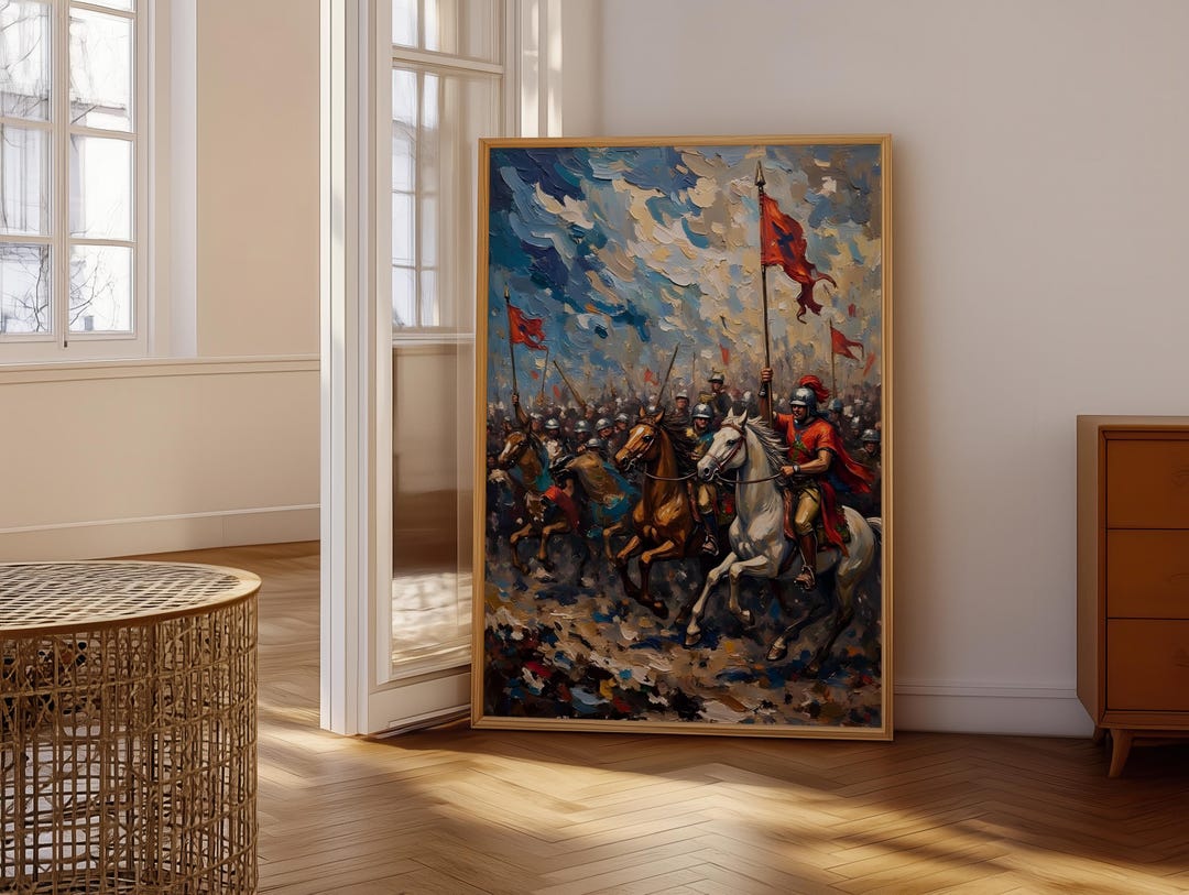 Medieval Cavalry Charge Wall Art, Impasto Battle Painting Print, Knight ...