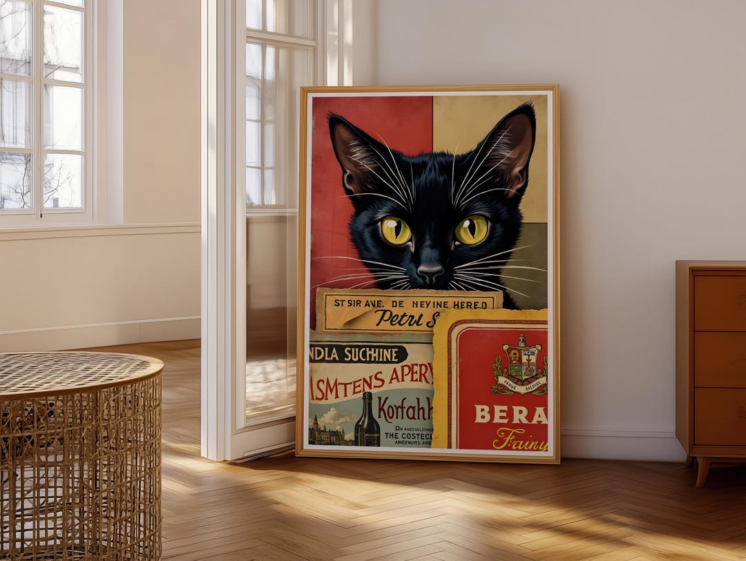 Vintage Black Cat Wall Art Print | Retro Collage Poster | Yellow Eyes ...