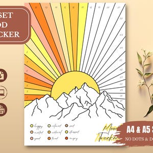 Może przedstawiać: Wydrukowany Sunset Mood Tracker z motywem wschodu słońca. Słońce jest żółte z pomarańczowymi i żółtymi promieniami. Góry są białe. Tracker nastroju jest dostępny w rozmiarach A4 i A5.