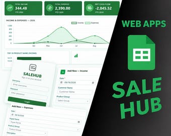 Könnte beinhalten: Eine digitale Dashboard-Oberfläche für SaleHub in Grün- und Weißtönen. Sie zeigt Finanzkennzahlen, Einnahmen- und Ausgabendiagramme sowie Dateneingabeformulare für neue Einträge. Der Text Web Apps Sale Hub ist auf dem Bild zu sehen.