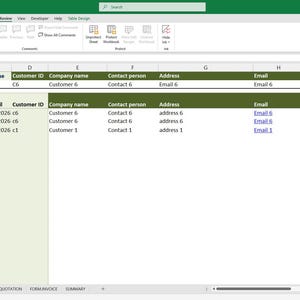 Puede incluir: Una captura de pantalla de una hoja de cálculo de Microsoft Excel con datos organizados en columnas y filas. La hoja de cálculo incluye columnas para el número de cotización, la fecha, la identificación del cliente, el nombre de la empresa, la persona de contacto, la dirección, el correo electrónico, el teléfono y la información del producto.