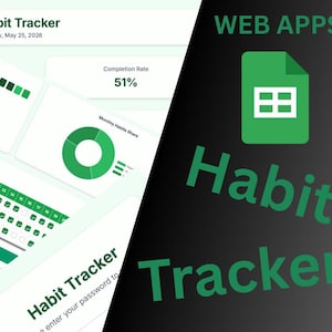 Puede incluir: Una interfaz digital de seguimiento de hábitos con gráficos verdes, una tasa de finalización del 51% y una cuadrícula de calendario. A la derecha, un icono de documento verde con cuadrícula, el texto WEB APPS y Habit Tracker en verde sobre fondo negro.