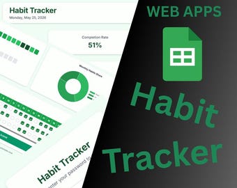 Könnte beinhalten: Eine digitale Gewohnheits-Tracker-Oberfläche mit grünen Diagrammen, einer Abschlussrate von 51 % und einem Kalenderraster. Rechts befindet sich ein grünes Dokumentensymbol mit Raster, der Text WEB APPS und der grüne Text Habit Tracker auf schwarzem Grund.
