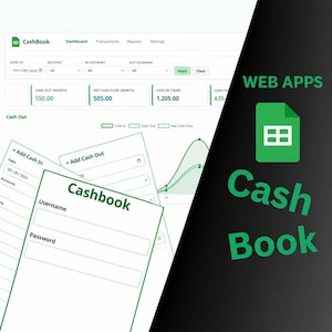 May include: A digital interface for a CashBook web application featuring a dashboard with financial data, transaction forms, and a login screen. The design uses green text and icons on a white background, with a black sidebar displaying the text Web Apps Cash Book.