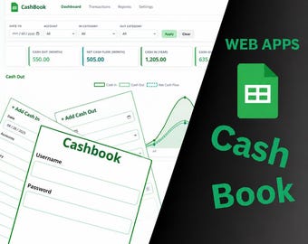 Könnte beinhalten: Eine digitale Benutzeroberfläche für eine CashBook-Webanwendung mit einem Dashboard für Finanzdaten, Transaktionsformularen und einem Anmeldebildschirm. Das Design verwendet grünen Text und Symbole auf weißem Hintergrund, mit einer schwarzen Seitenleiste, die den Text Web Apps Cash Book anzeigt.