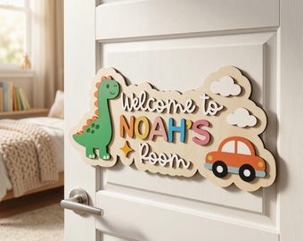 Aangepaste dinosaurus naambordje, jongenskamer decor, houten kinderkamer deurplaquette, auto muurkunst, peuter cadeau, babyshower babyjongen