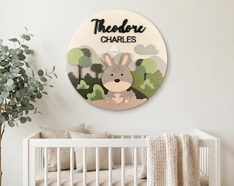 Aangepaste bosnaambordje babynaam, decor konijn babykamer, ronde houten plaquette, boho wiegkunst
