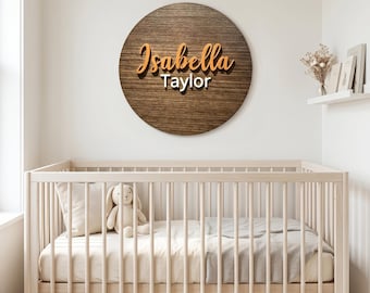 Aangepaste babynaambordje kinderkamerdecoratie, gepersonaliseerde ronde houten naamplaat, boho kunst aan de muur boven wieg, cadeau babyshower meisje