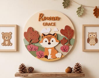 Woodland Fox Nursery Name Sign 3D Wood, Custom Baby Room Decor, Personalized Round Nameplate, Forest Animal Wall Art, Baby Shower Gift