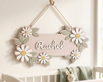 Aangepast madeliefjenaambordje, boho bloemenhouten deurhanger, decor kinderkamer muurkunst