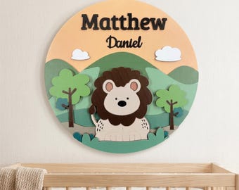 Aangepast bord met leeuwennaam: 3D houten kinderkamerkunst aan de muur, kraamcadeau