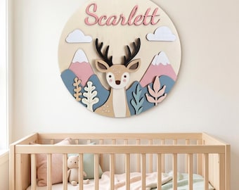 Gepersonaliseerde bosnaambord hert | 3D houten kinderkamerdecoratie