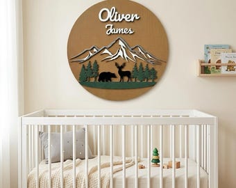 Gepersonaliseerde babynaambordje, jongenskamer, decor bergkwekerij, babyshowercadeau, naambordje bos beer hert, 3D houten muurkunst