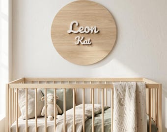 Aangepaste houten babynaambord ronde plaquette, kinderkamer boven decor wieg, boho kunst aan de muur, gepersonaliseerde kinderkamer plaquette, babyshower cadeau