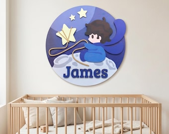 Aangepast naambordje kleine prins, 3D-houten naambordje jongen, decor maansterren boven wieg, Scandinavisch babycadeau