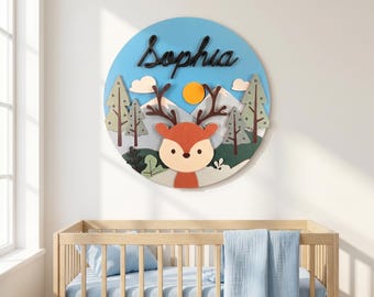 Naambordje bos kinderkamer, aangepast 3D houten bord babynaam, decor hertenberg, gepersonaliseerde boskamer kunst aan de muur, kraamcadeau