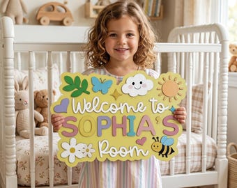 Aangepaste naambordje baby meisje kinderkamer decor, gepersonaliseerde houten kinderkamer kunst aan de muur, babyshower cadeau, bloemen naamplaat bijen