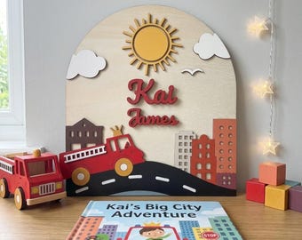 Gepersonaliseerde 3D houten naambord | Aangepaste brandweerwagen kinderkamerdecoratie, kunst aan de muur jongensslaapkamer, stadsthema kraamcadeau