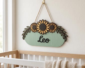 Aangepaste naambordje zonnebloem voor kinderkamer, gepersonaliseerd houten decor meisjeskamer, boho bloemen kraamcadeau, naambord houten deur