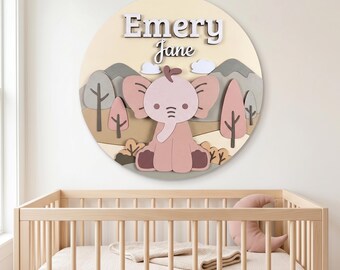 Aangepaste naambord olifant, 3D houten kinderkamerplaat, kraamcadeau, safari muurdecoratie