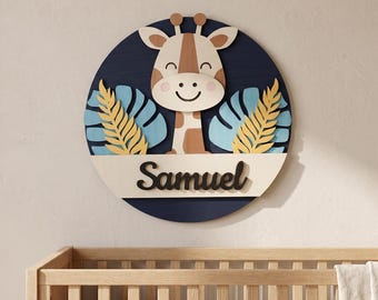 Gepersonaliseerde naambordje giraf – kinderkamerdecoratie jungle jungle, aangepast rond bord van hout