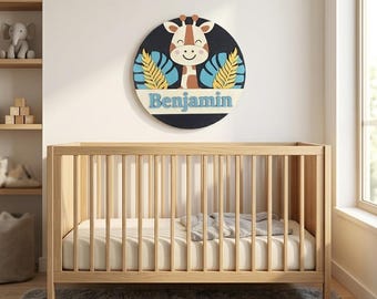 Gepersonaliseerde naambordje giraf kinderkamer, aangepaste houten safari babydecor, 3D jungle dieren muurkunst, rond naamplaatje kinderkamer, babyshower cadeau