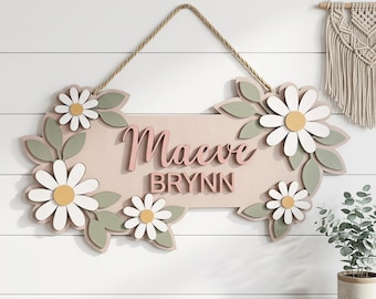 Aangepaste naambordje madeliefje, decor meisje babykamer, 3D houten bord babynaam, bloemen kunst aan de muur, boho babyshower cadeau, plaquette kleine meisjeskamer deur