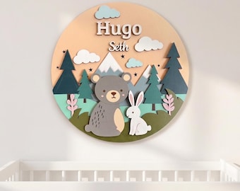 Aangepaste naambordje bos kinderkamer, 3D houten beer en haas ronde kunst aan de muur, gepersonaliseerde bos berg babydecor babyshower, kraamcadeau