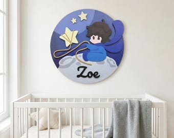 Gepersonaliseerde kinderkamernaambordje 3D hout, maan en sterren muurdecoratie, aangepaste babykamerkunst, kleine prins geïnspireerd douchecadeau