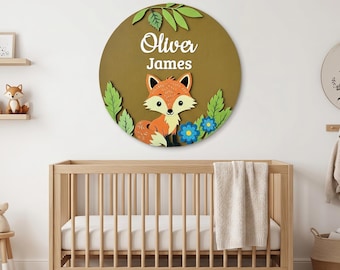 Aangepaste babynaambordje voor kinderkamer - Woodland Fox kinderdagverblijf - gepersonaliseerd rond houten bord - 3D kunst aan de muur kinderkamer - cadeau babyshower meisje