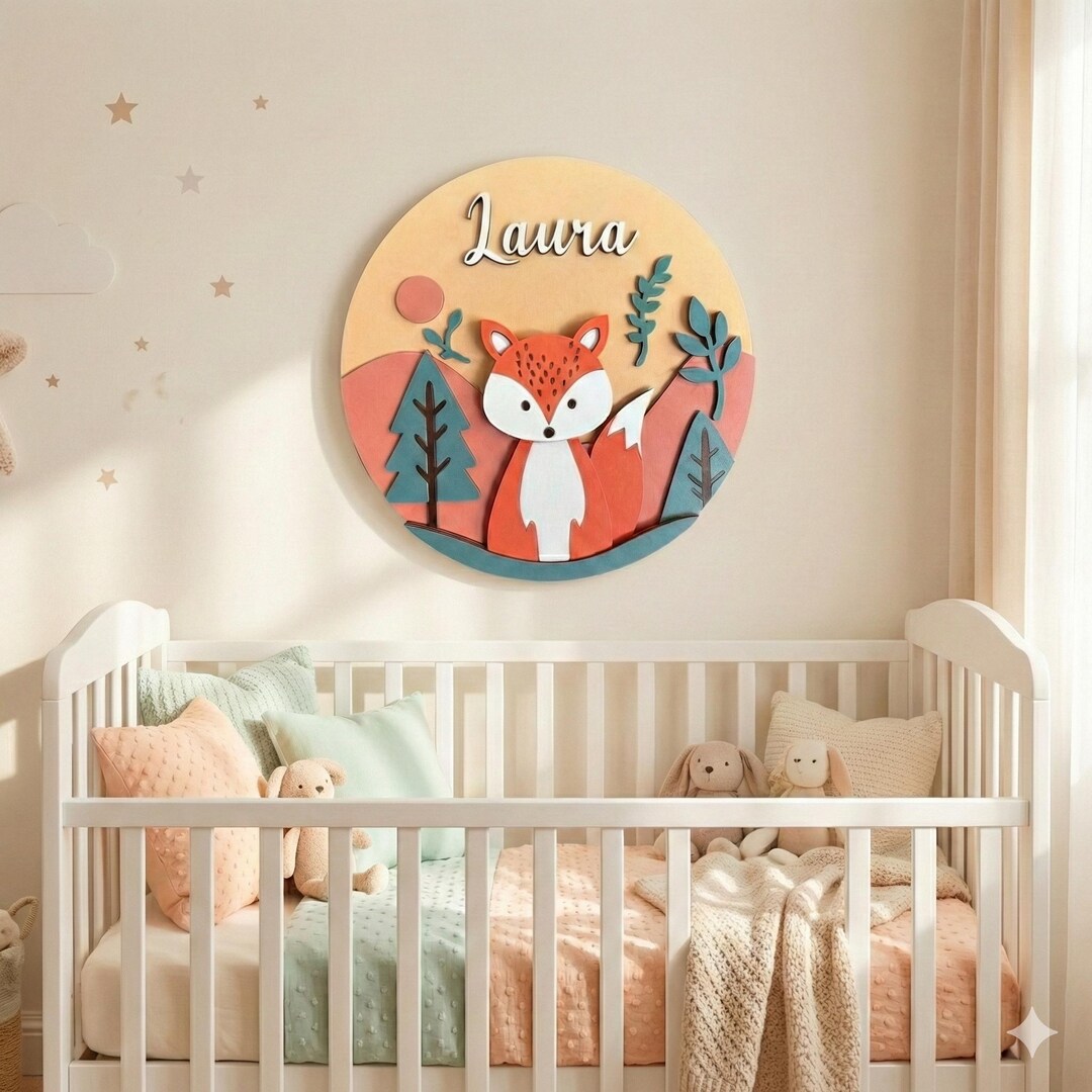 Custom Wood Nursery Name Sign: Woodland Fox Theme, Personalized Baby ...