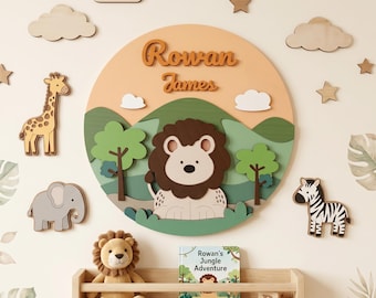 Aangepast 3D houten bord babynaam, bosrijke ronde muurkunst, gepersonaliseerd naambord kinderkamer