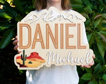 Aangepaste houten naambord kinderkamer muurdecoratie woestijn thema babykamer, 3D naambord Southwestern Mountain, gepersonaliseerd cadeau pasgeborene
