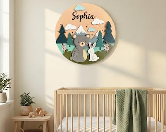 Custom Bear Bunny teken 3D rond naambord, bosrijke kinderkamer kunst aan de muur, bergbos decor, babycadeau, kinderdeur plaquette