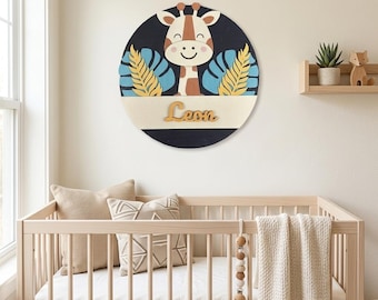 Aangepaste 3D houten naambord safari kinderkamer, muurdecoratie giraf babyjongen, jungle-thema lasergesneden plaquette, gepersonaliseerd cadeau