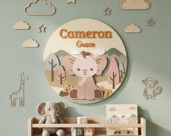 Aangepaste babynaambord decor bos kinderkamer, 3D houten dierenbord, safari kinderkamer kunst aan de muur, gepersonaliseerd kraamcadeau kinderkamer