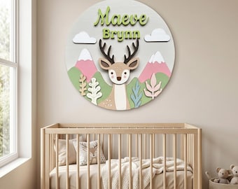 Aangepast bosnaambord hert | 3D houten muur kinderkamer kinderkamer, boho babykunst