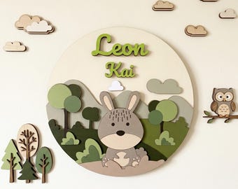 Aangepaste houten naambord kinderkamer, 3D-muurdecoratie konijn voor babykamer, gepersonaliseerd kindercadeau