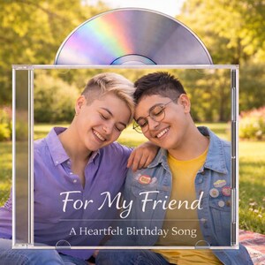 May include: A CD case with the text "For My Friend" and "A Heartfelt Birthday Song" is held in front of two smiling people. A CD is placed above the case. The background is a park with green grass and trees.