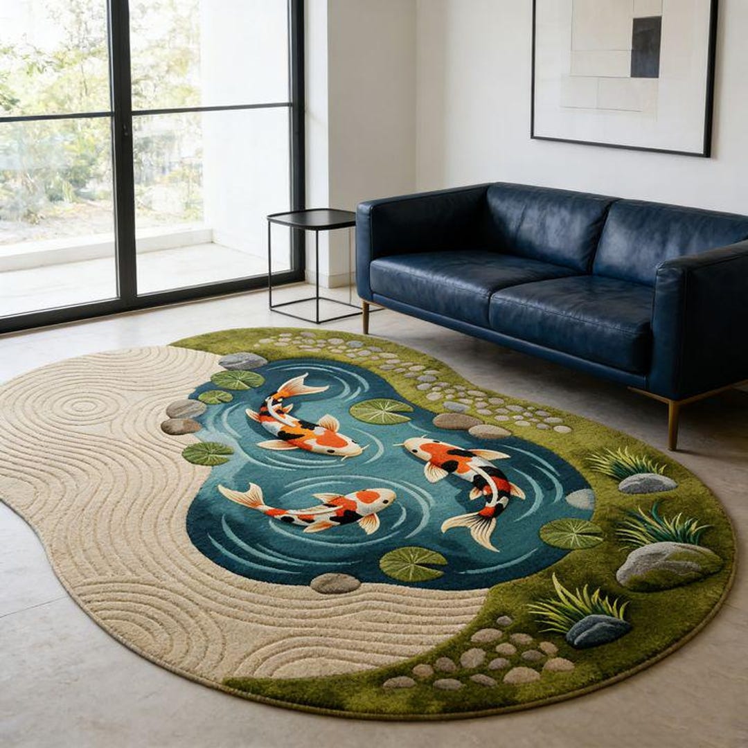 Pond Colors Rug Hand Tufted Pond Fish Designer Rug – Irregular Shape Luxury Carpet for ...