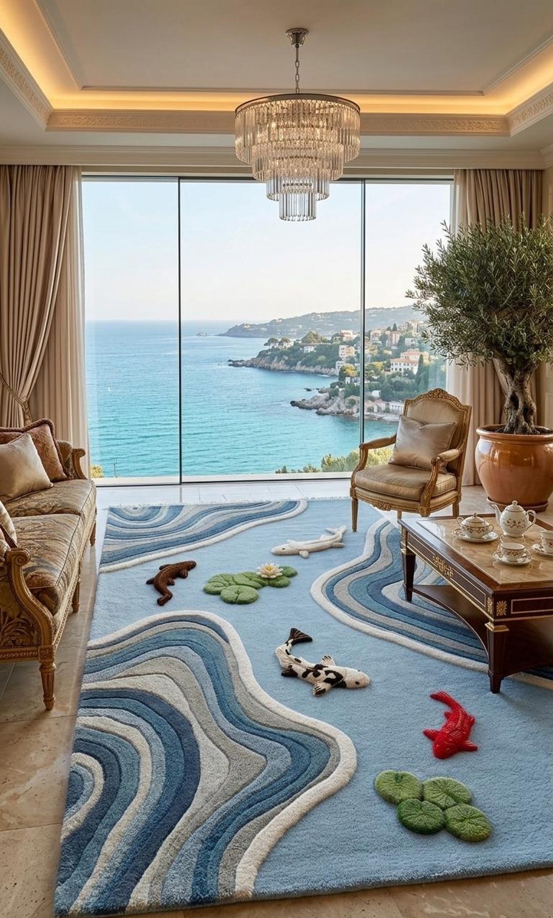 Hand Tufted Wool Rug Blue Wave Ocean Theme Coastal Living Room Carpet ...