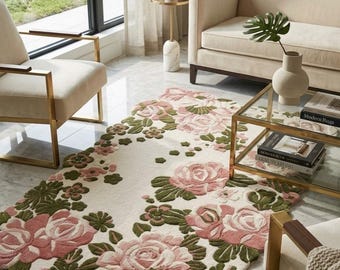 Hand Tufted Wool Floral Rug Pink Roses Irregular Carpet Living Room Bedroom Decor