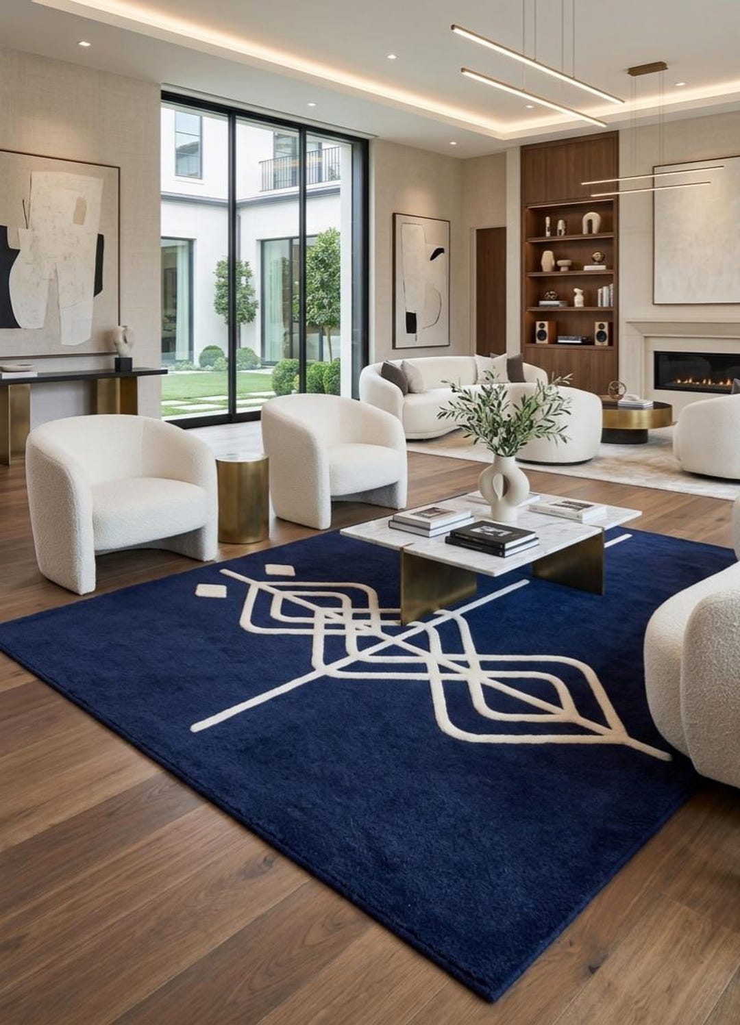 Navy Blue Abstract Hand Tufted Wool Rug, Modern Geometric Carpet ...