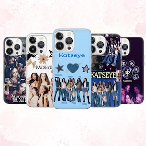 May include: Five phone cases with different designs are shown. The cases feature images of a group of women, the text "Katseye", and other decorative elements. The cases are in shades of blue, white, and purple.