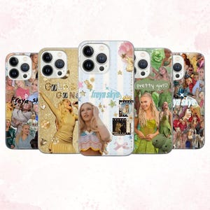 May include: Five phone cases with various designs. The cases display images of a blonde woman, text reading "Freya Skye", and other graphics. The cases feature a range of colours, including gold, blue, and pink.