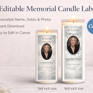 Plantilla de etiqueta para vela conmemorativa / Foto, nombre y fechas editables (Canva, descarga digital)