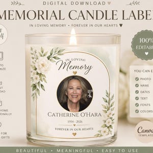 May include: A memorial candle label with the text "Memorial Candle Label" and "In Loving Memory". The label includes a photo, name, and dates. The design features floral accents and is a digital download.