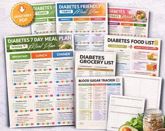 Diabetic Meal Plan Bundle | Printable Blood Sugar Tracker +  Food Grocery List + Diet Planner | Instant Download PDF