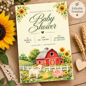 May include: A rectangular baby shower invitation template featuring a red barn, a white fence, a lamb, a chick, and a piglet in a field of sunflowers. The text reads: PLEASE JOIN US FOR A Baby Shower, 15 MARCH, 2026, 2:00 PM - 5:00 PM, 123 ANYWHERE ST., ANY CITY.