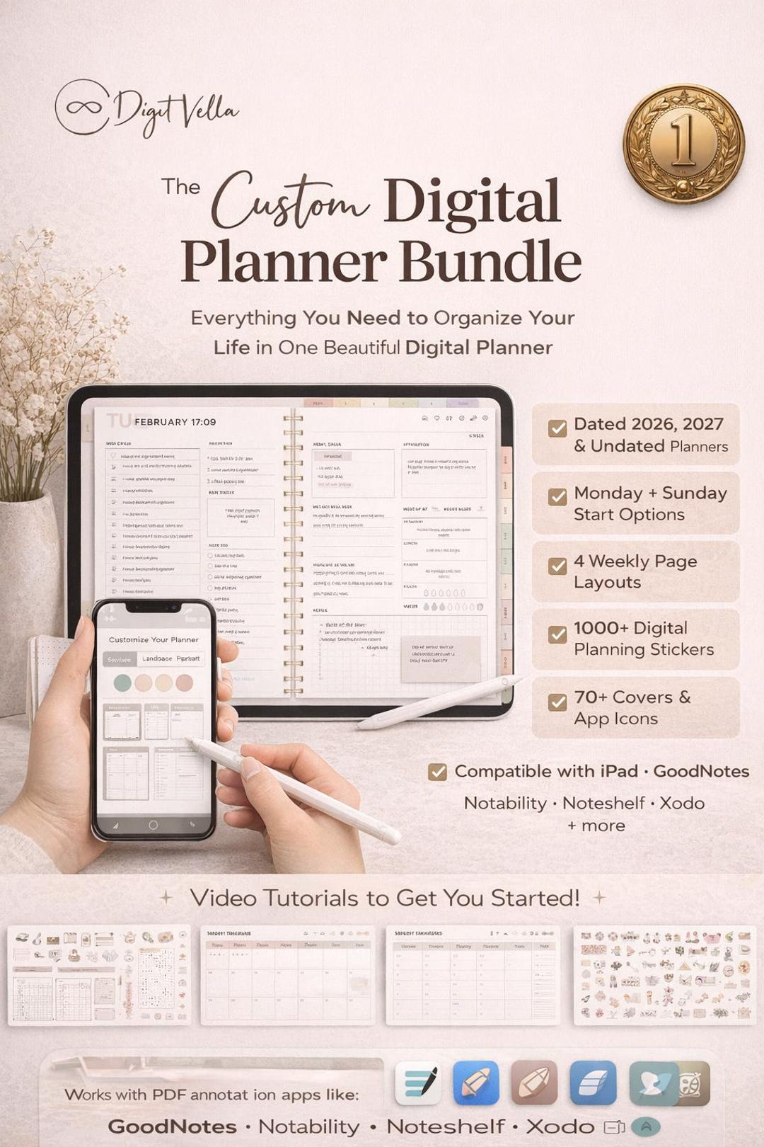 Custom Digital Planner Bundle 2026 2027 Undated | Hyperlinked Goodnotes ...